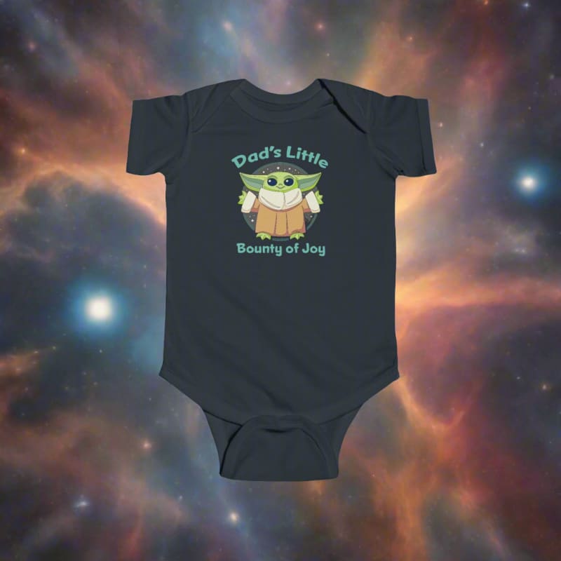 Black baby onesie featuring a cute cartoon character with text ’Dad’s Little Bounty of Joy’.