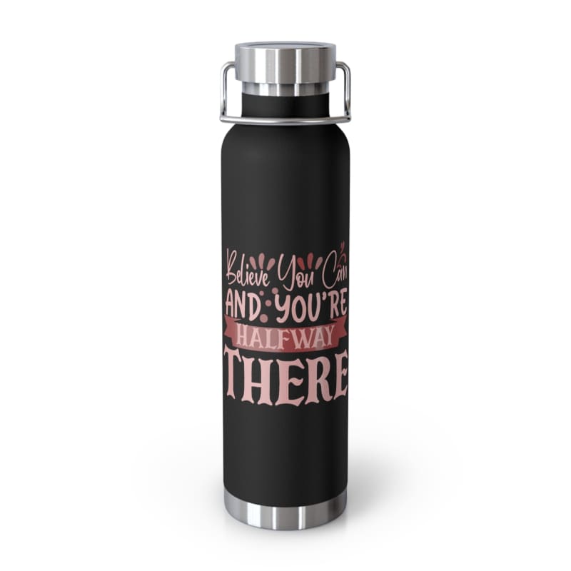 Black insulated water bottle with motivational text in pink lettering.