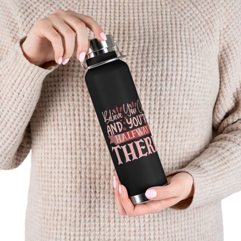 Black water bottle with motivational text in pink and white lettering.