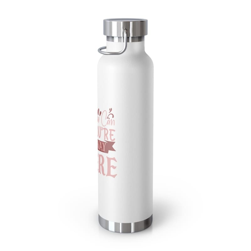 White reusable water bottle with pink text and a metallic cap.