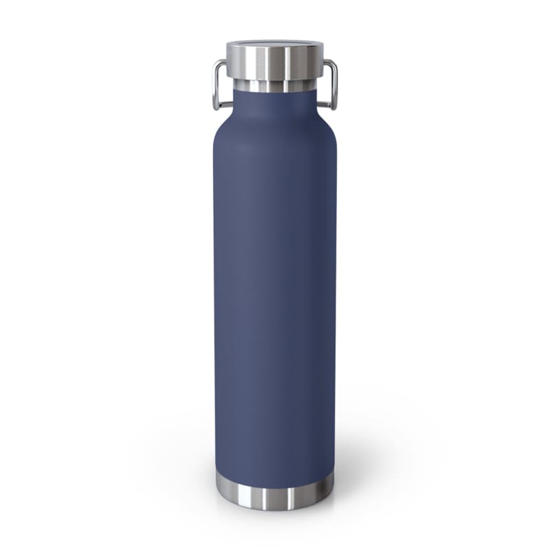 Navy blue insulated water bottle with a silver cap and base.