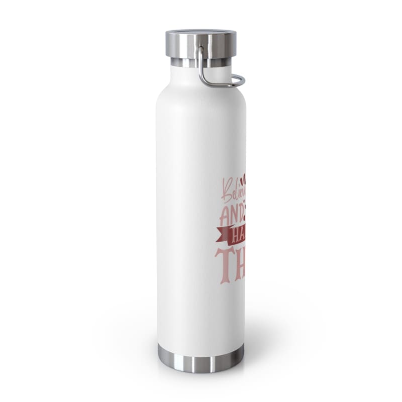 White insulated water bottle with a metallic cap and pink text on the side.