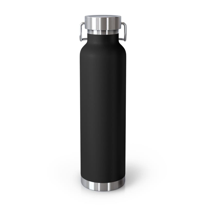 Black insulated water bottle with a silver lid and base.