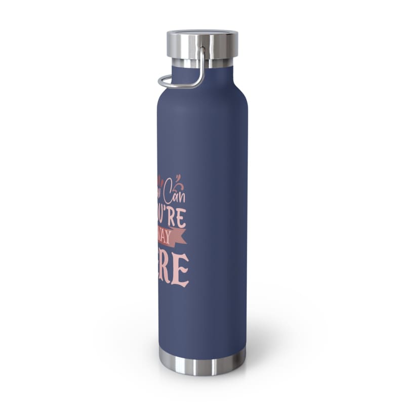 Navy blue insulated water bottle with pink text on the side.