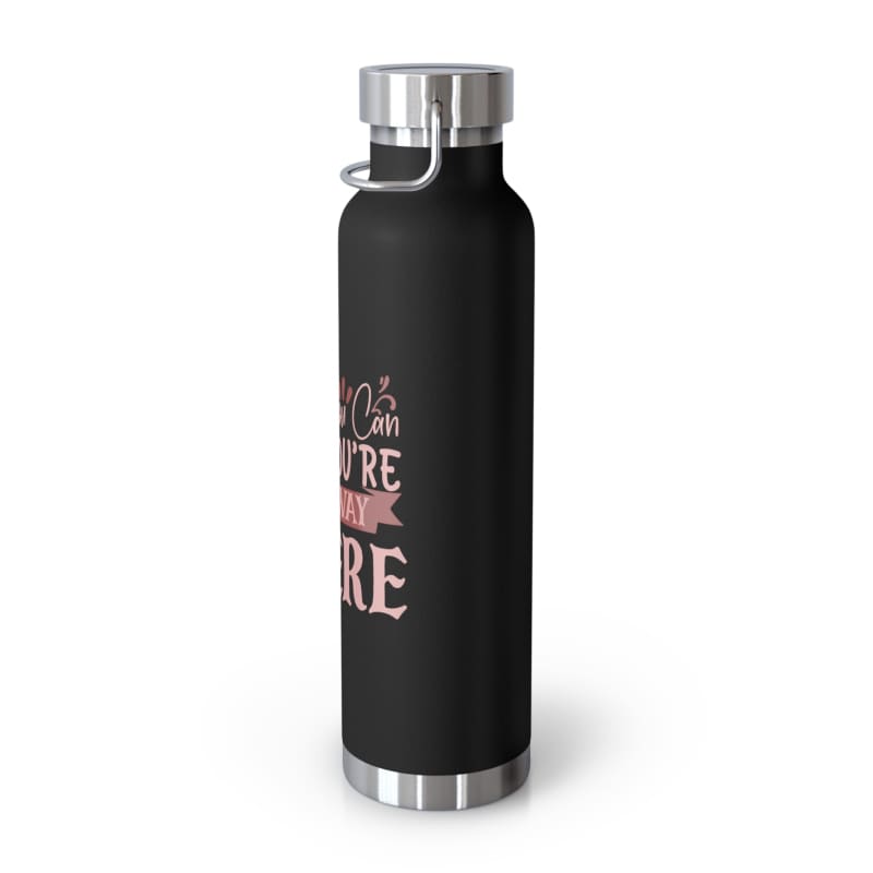 Black insulated water bottle with pink text on the side.