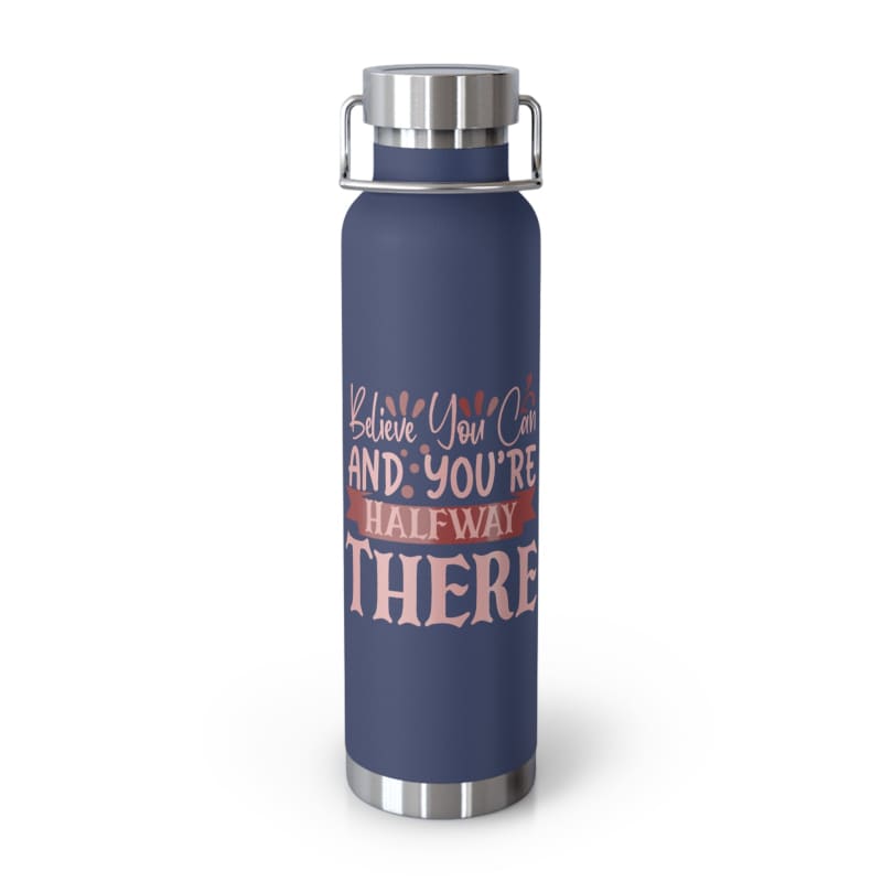 Navy blue insulated water bottle with motivational text in pink lettering.