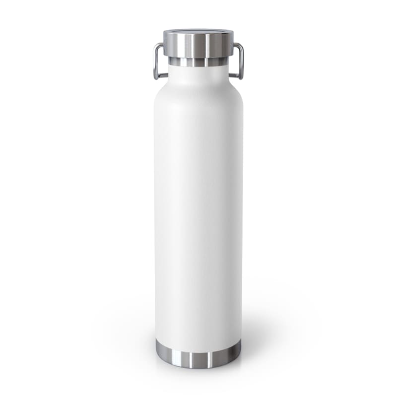 White insulated water bottle with a metallic cap and base.