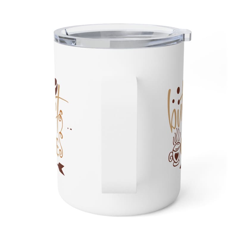 White insulated tumbler with cartoon cat designs on the exterior.