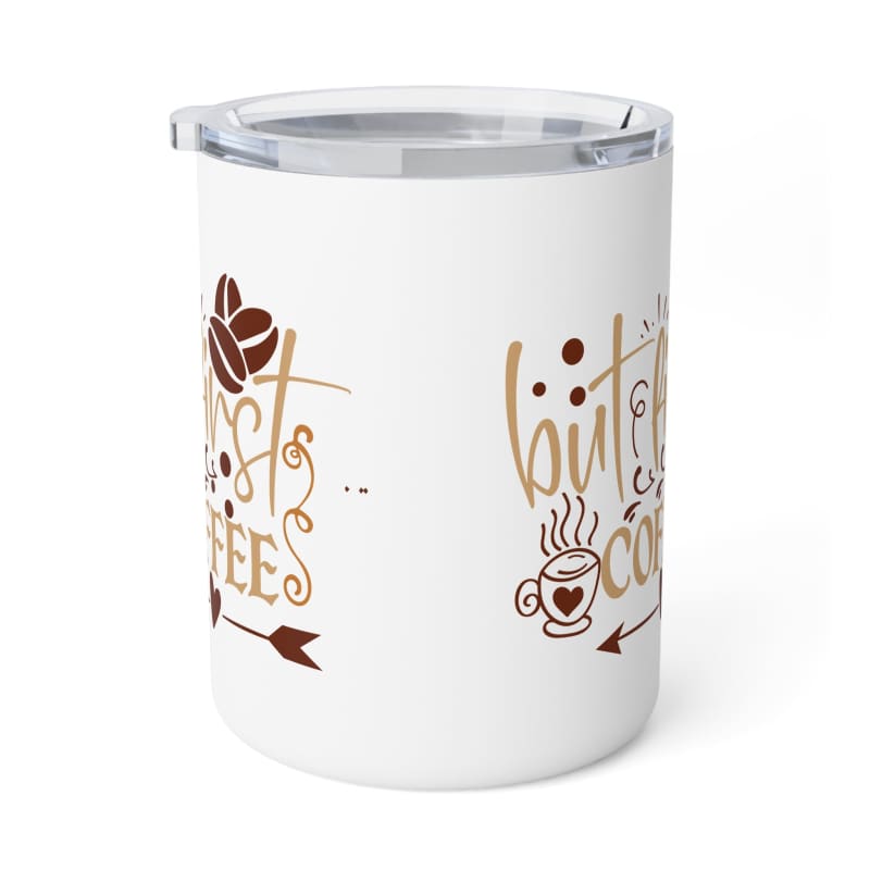 White insulated tumbler with coffee-themed designs in brown and gold.