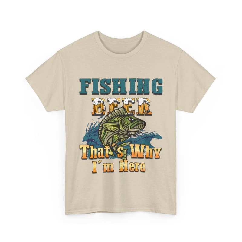 Beige t-shirt with a colorful fishing-themed graphic and text.