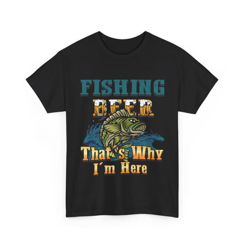 Black t-shirt with a fishing-themed graphic and text design on the front.