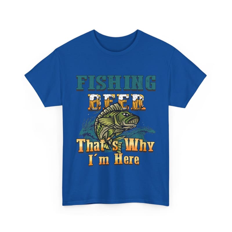 Blue t-shirt with a fishing-themed graphic and text design on the front.