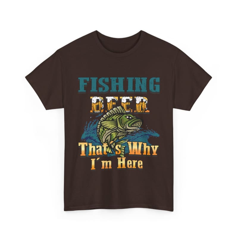 Brown t-shirt with a fishing-themed graphic and text design on the front.