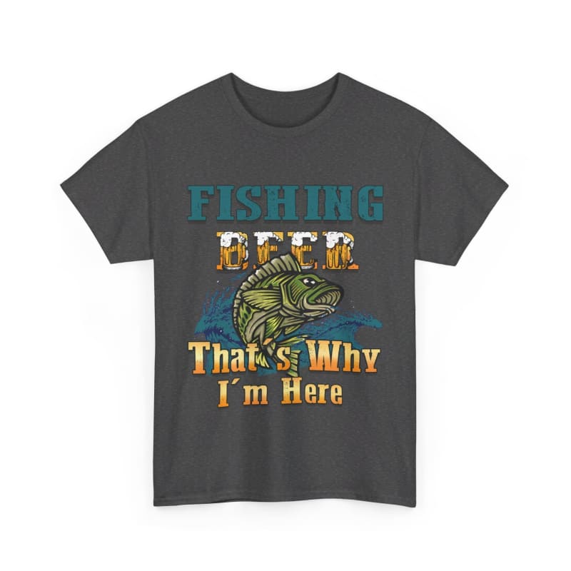 Dark gray t-shirt with a colorful fishing-themed graphic and text design on the front.