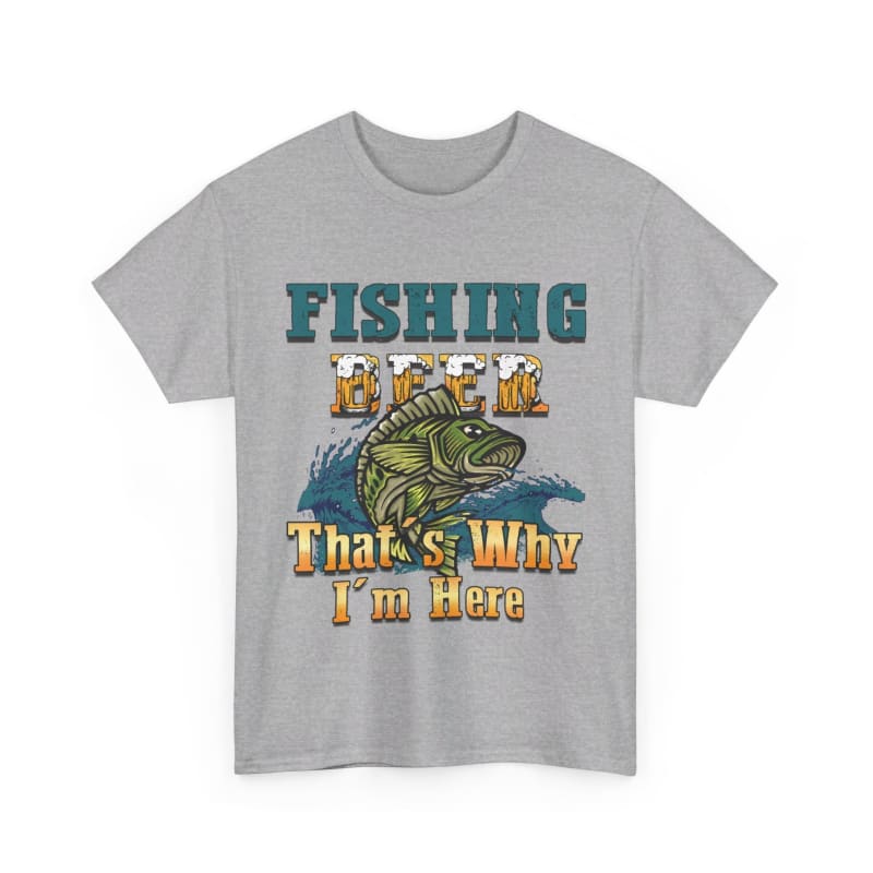 Gray t-shirt with a colorful fishing-themed graphic and text.