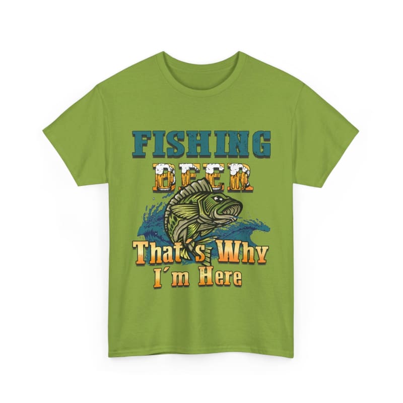 Green t-shirt with a fishing-themed graphic design and text.