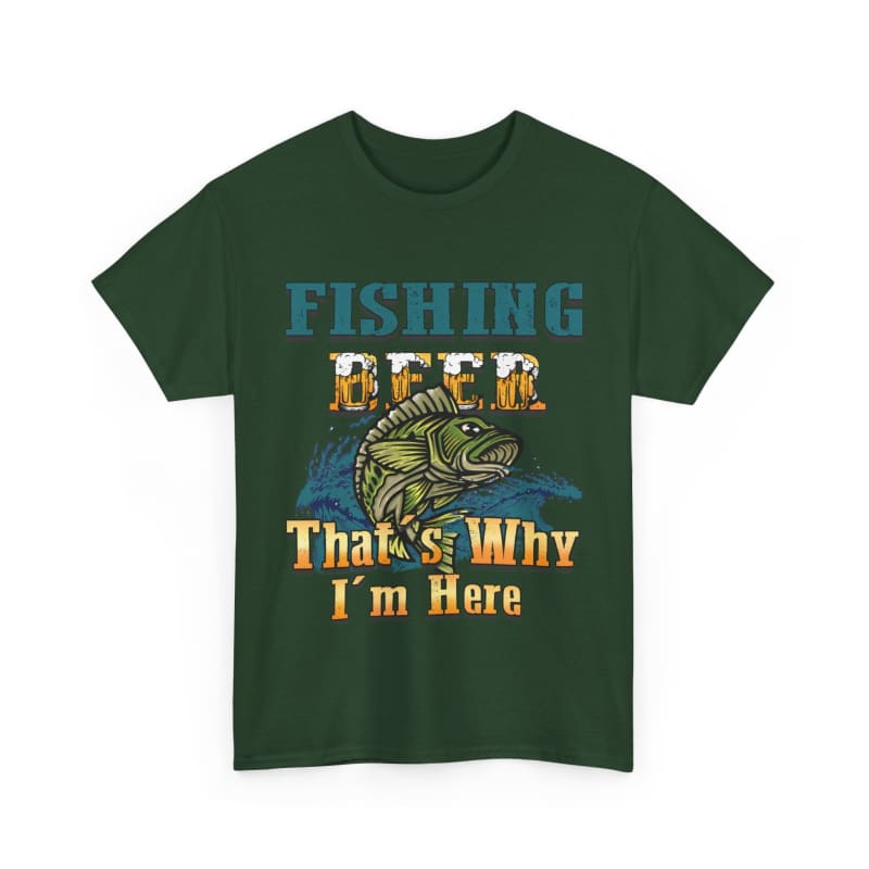 Green t-shirt with a fishing-themed graphic and text design on the front.