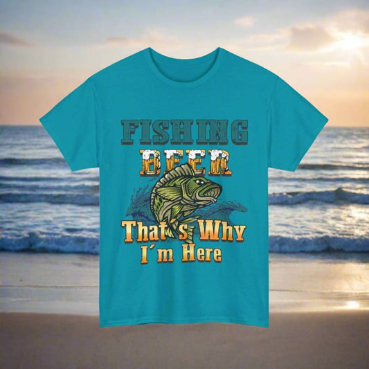 Teal t-shirt with a fishing-themed graphic and text design.