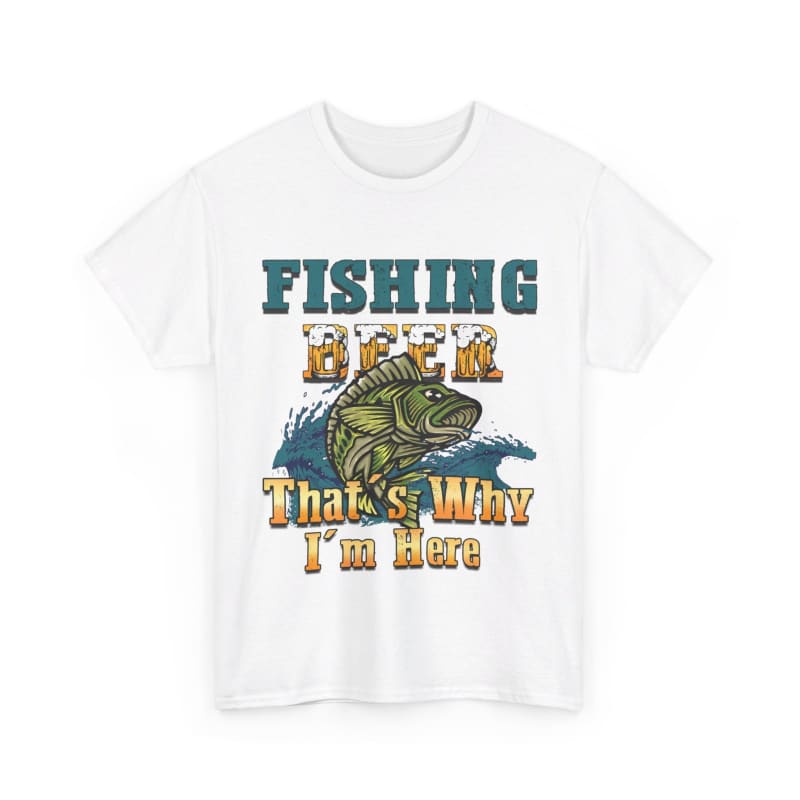 White t-shirt with a fishing-themed graphic design featuring a bass and text.