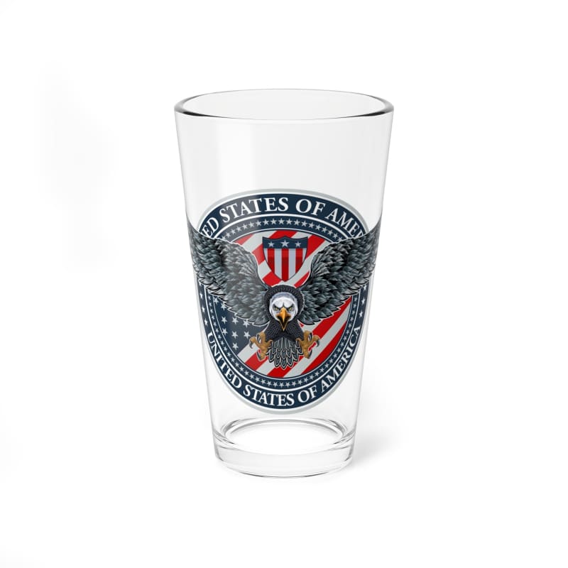 Clear glass pint with a colorful United States of America emblem featuring an eagle.