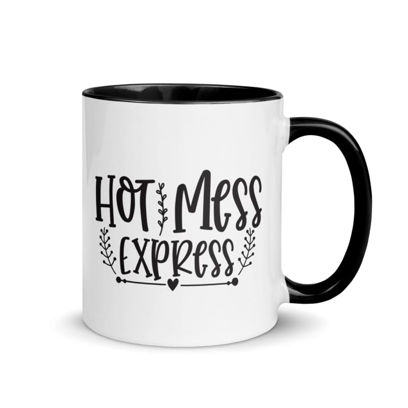 White ceramic mug with black interior and handle featuring the text ’Hot Mess Express’ in decorative lettering.