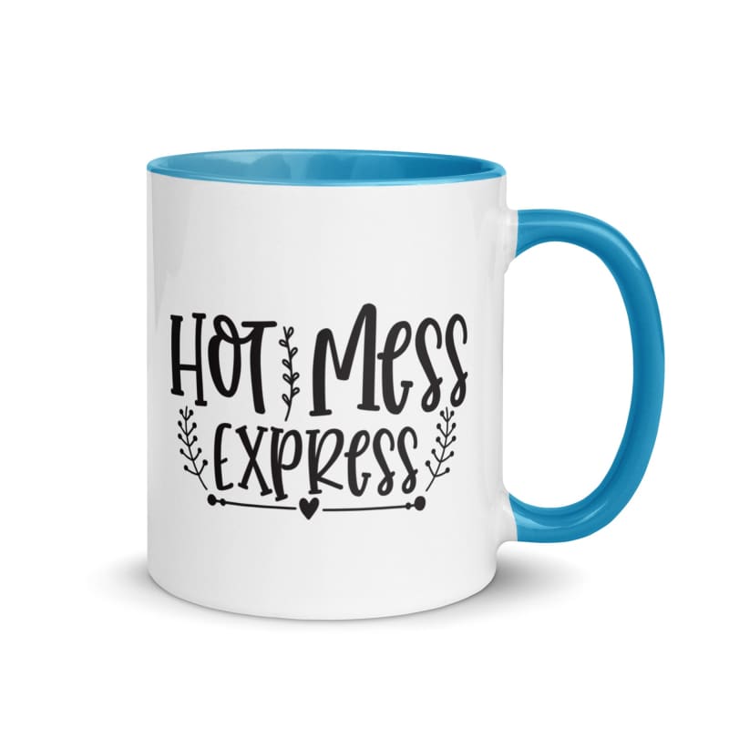 Coffee mug with ’Hot Mess Express’ printed on it, featuring a white exterior and blue interior and handle.