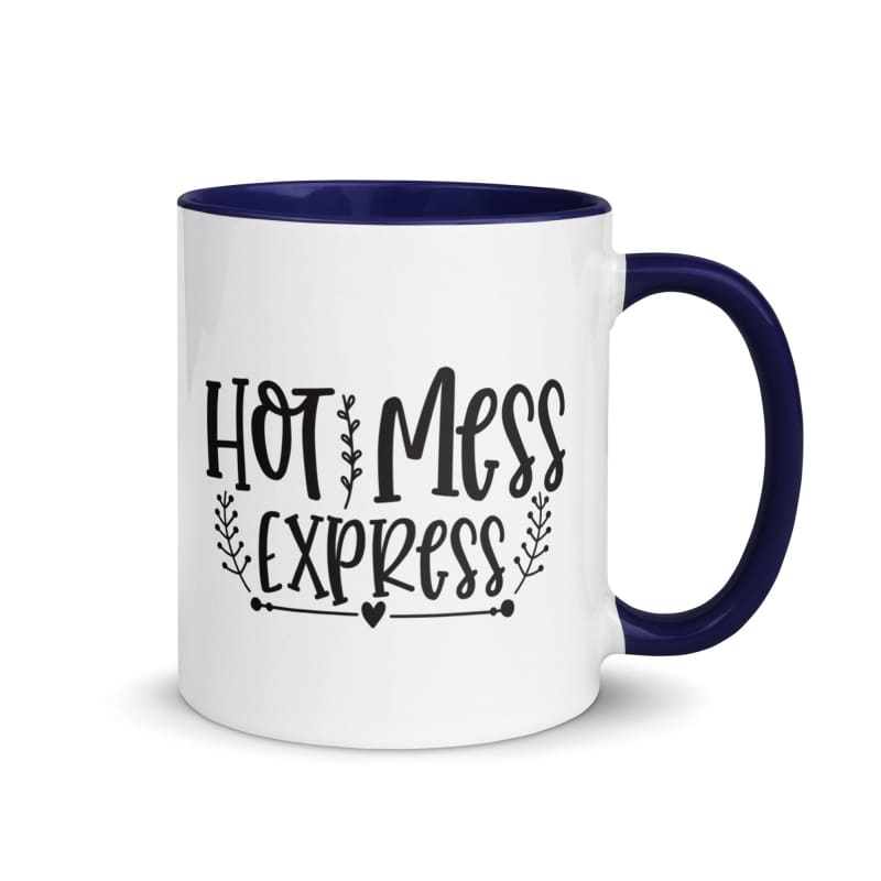 Coffee mug with ’Hot Mess Express’ text and navy blue handle and interior.