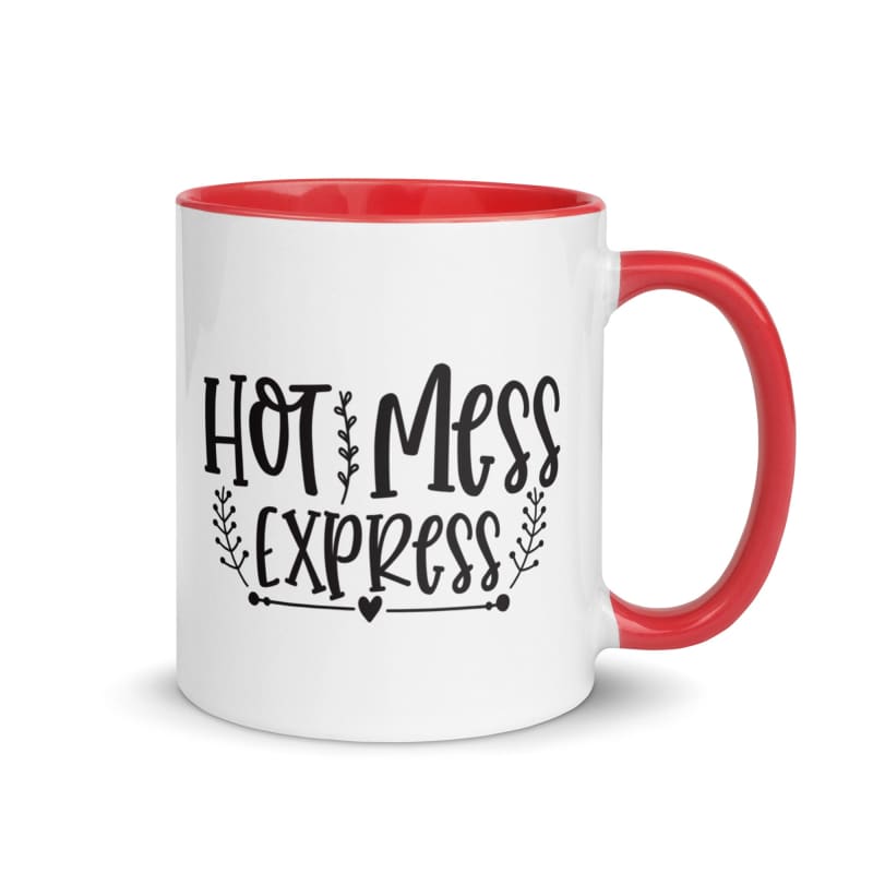 Coffee mug with ’Hot Mess Express’ printed on it in black lettering, featuring a white exterior and red interior and handle.