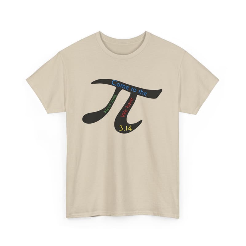 Beige t-shirt featuring the mathematical pi symbol filled with colorful numbers.