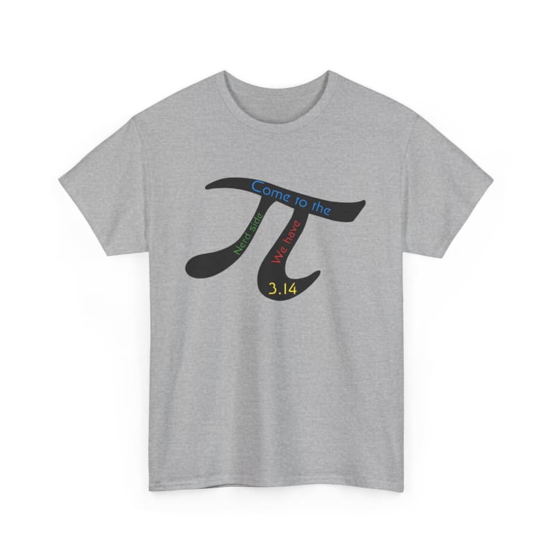 Grey t-shirt featuring the mathematical pi symbol with colorful numbers inside it.