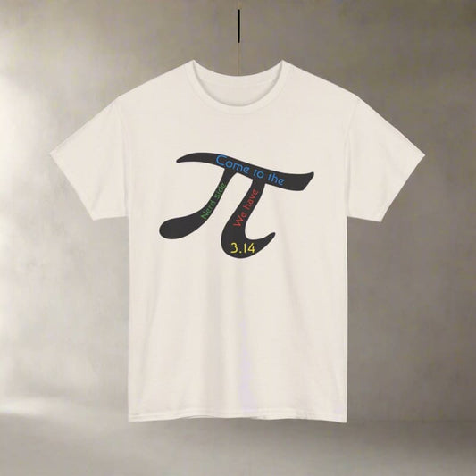 White t-shirt featuring the mathematical pi symbol filled with colorful numbers.