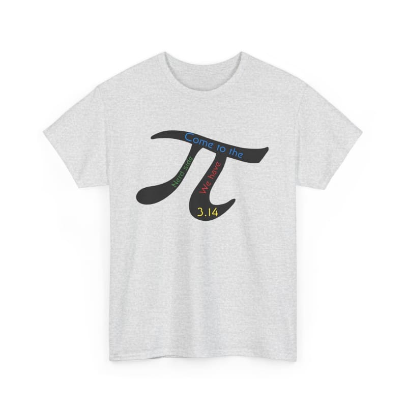 White t-shirt featuring the mathematical pi symbol with colorful numbers inside it.