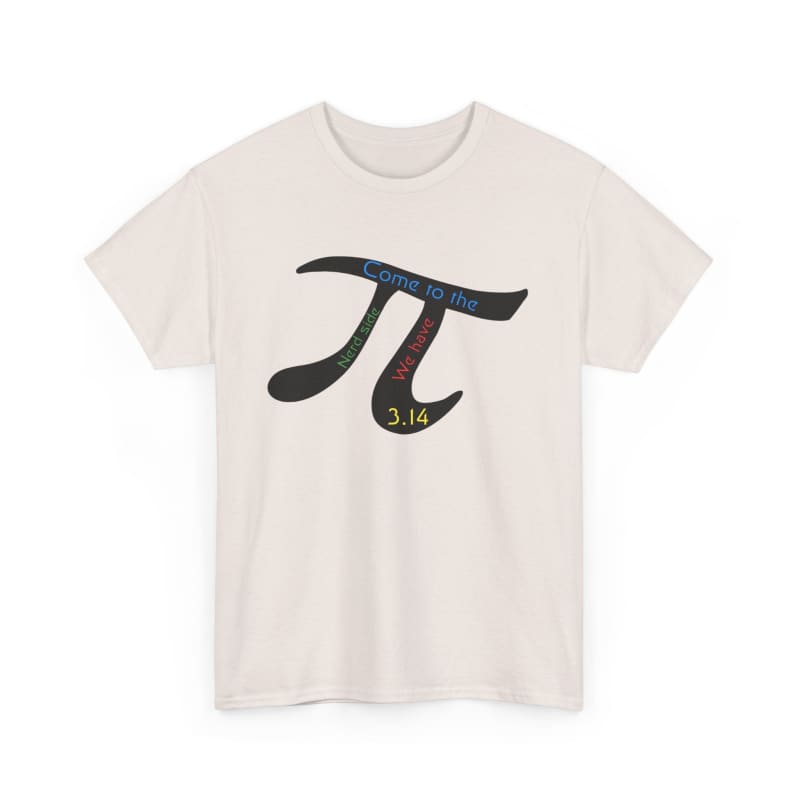 White t-shirt featuring the mathematical pi symbol filled with colorful numbers.