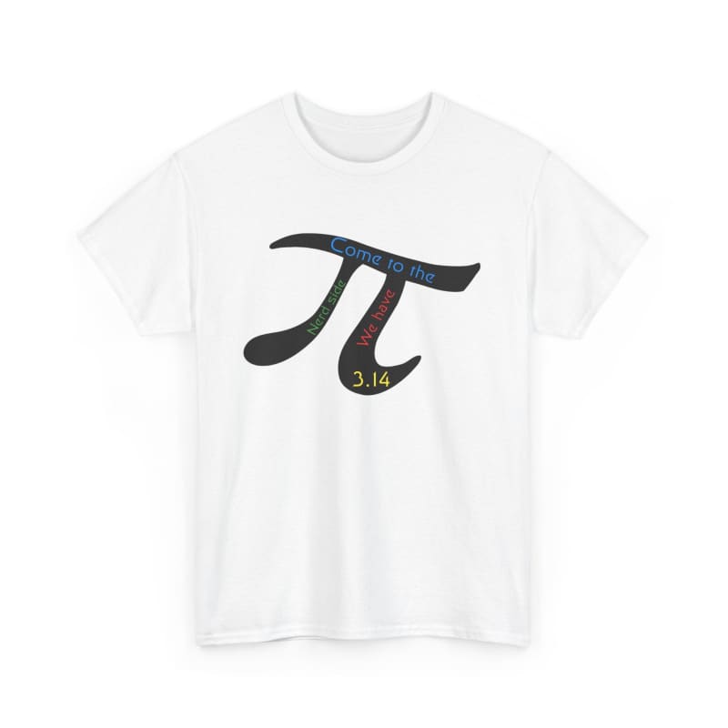 White t-shirt with a pi symbol design featuring colorful numbers.