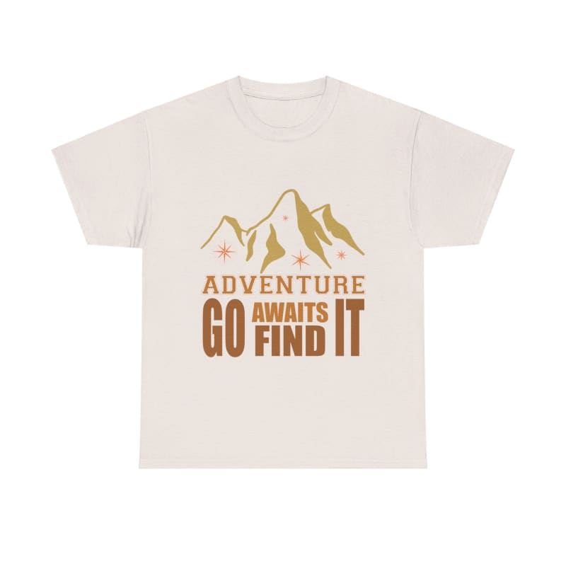 White t-shirt with a mountain design and the text ’Adventure awaits go find it’ printed on it.