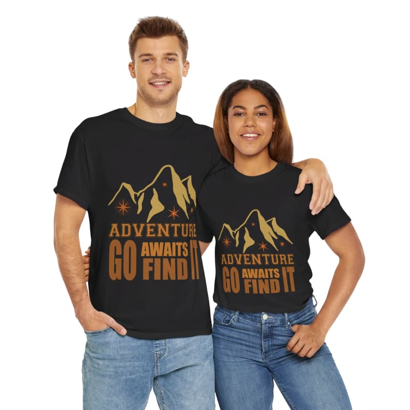 Matching black t-shirts with a mountain design and adventure slogan worn by a couple.