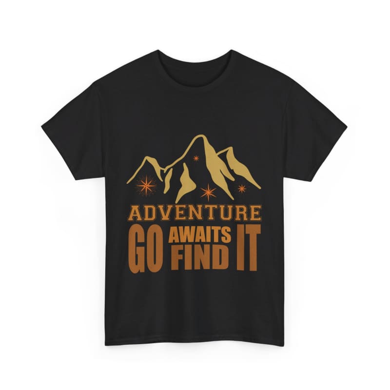 Black t-shirt with a gold and orange mountain design and text reading ’Adventure Awaits Go Find It’.