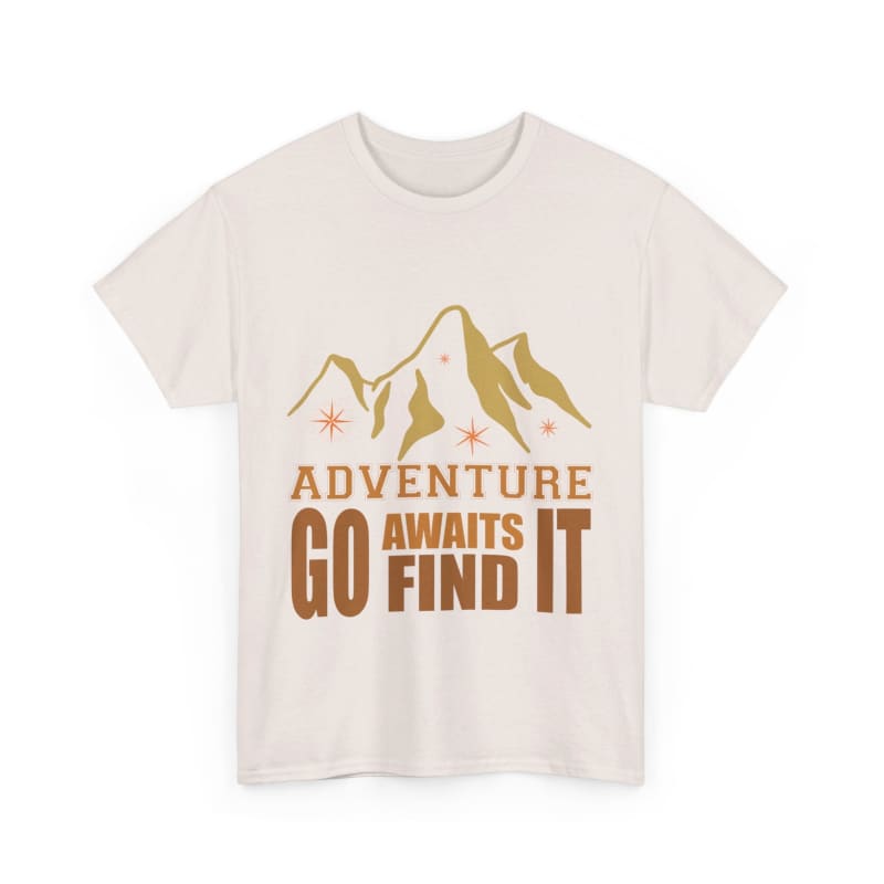 White t-shirt with a gold mountain design and the text ’ADVENTURE AWAITS GO FIND IT’ printed on it.