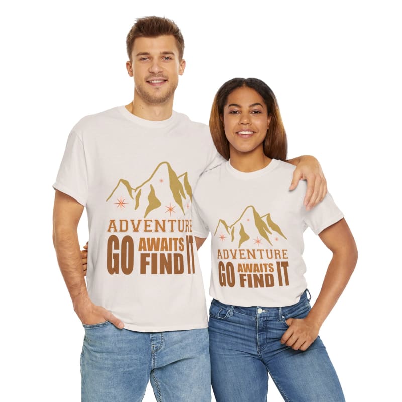 Matching white t-shirts with an adventure-themed graphic design worn by a couple.