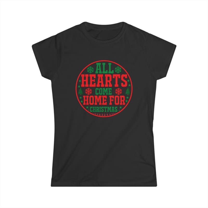 Black t-shirt with red and green circular Christmas text design reading ’All Hearts Come Home For Christmas’