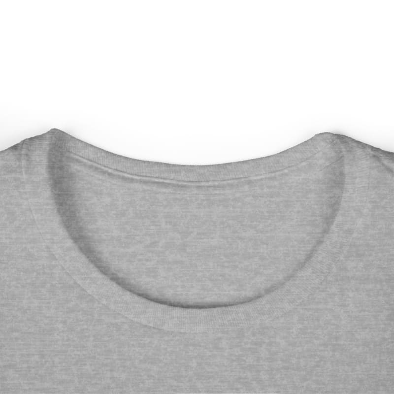 Crew neck collar of a light gray t-shirt.