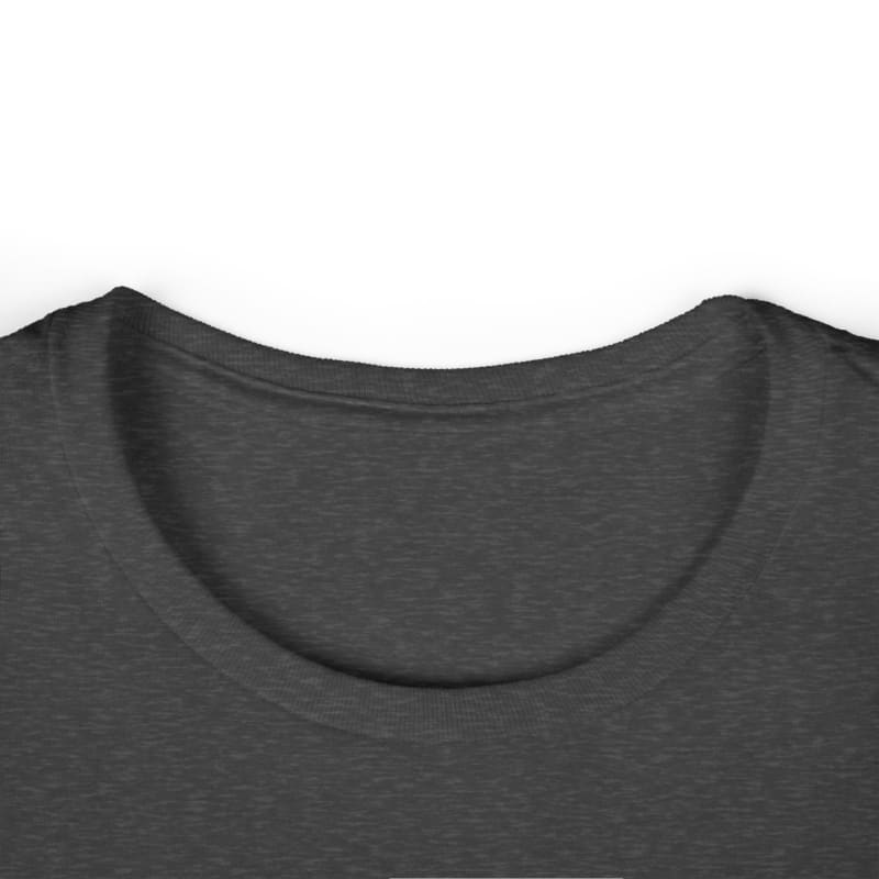 Crew neck collar of a dark gray t-shirt.