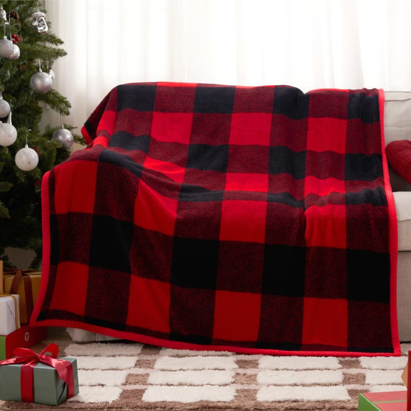 Red and black buffalo plaid fleece blanket.