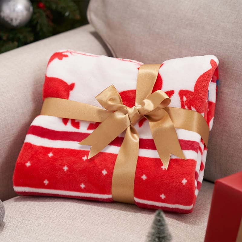 Red and white patterned blanket tied with a gold bow.