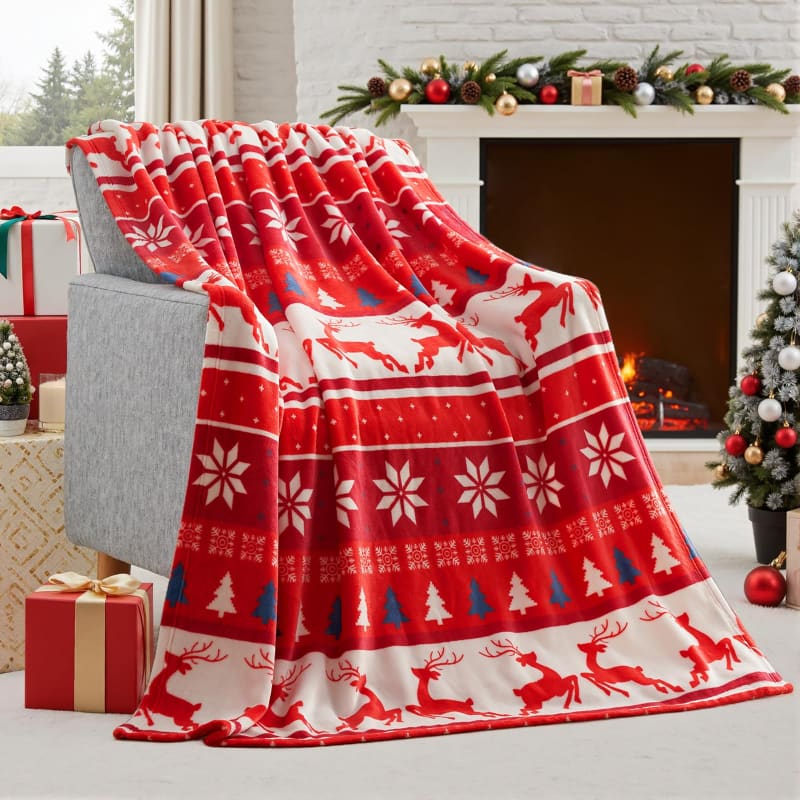 Red and white Nordic-patterned holiday throw blanket with reindeer and snowflake designs.