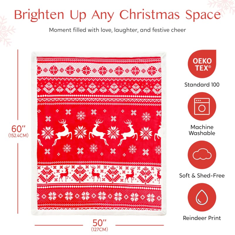 Red and white knitted throw blanket featuring Nordic reindeer and snowflake patterns.