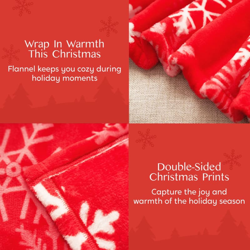 Red and white snowflake-patterned flannel blanket with double-sided Christmas prints.