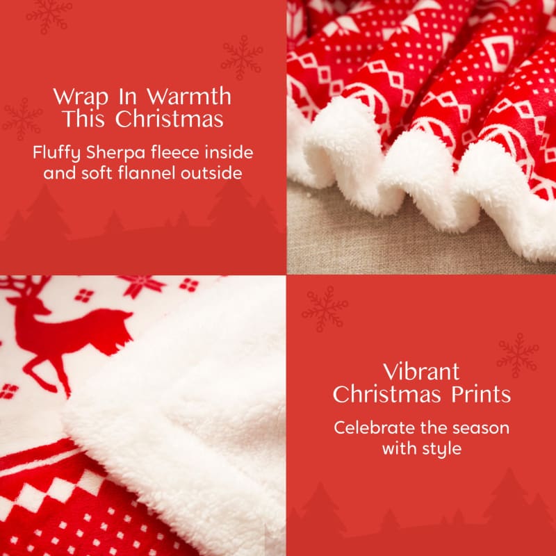 Red and white patterned Christmas blanket with sherpa fleece lining.