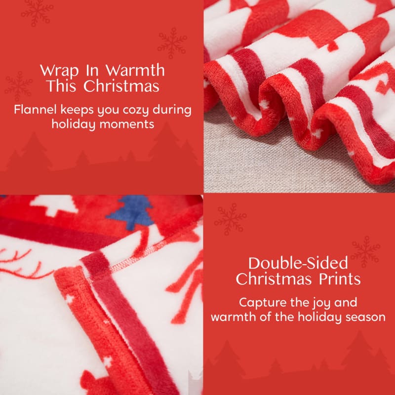 Red and white striped Christmas-themed flannel blanket with double-sided holiday prints.