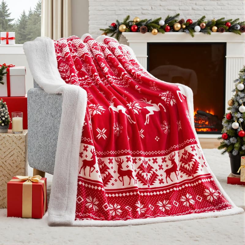 Red and white Nordic-patterned sherpa throw blanket with reindeer and snowflake designs.